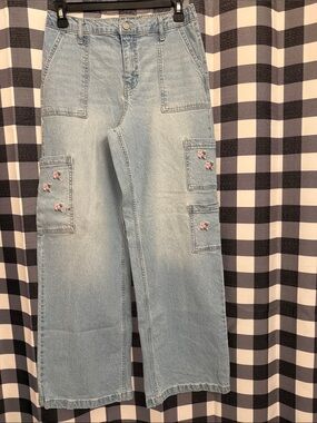 No Boundaries Light Blue Wide Leg Jeans with Pink Floral Embroidery
